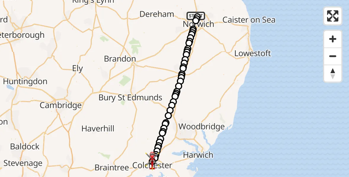Flight route Air Ambulance Helicopter Norwich Airport - Colchester Hospital, 14 July 2026, 18:27