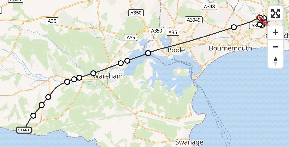 Flight route Air Ambulance Helicopter West Lulworth - Bournemouth, 14 July 2026, 18:31