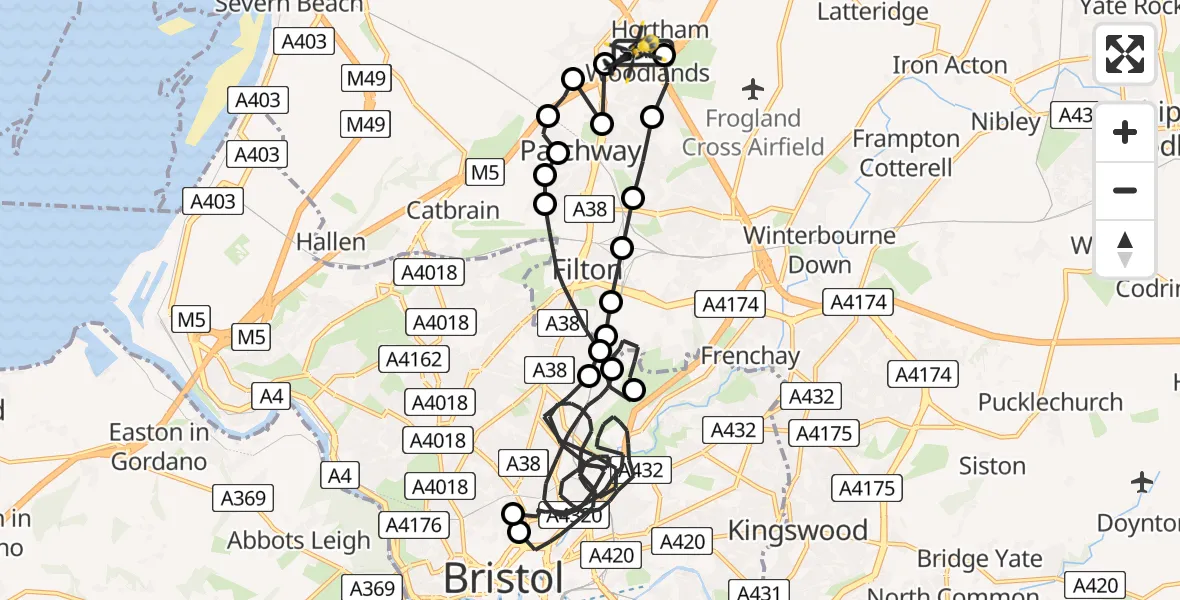 Flight route Police Helicopter Almondsbury Helicopter Base - Almondsbury Helicopter Base, 14 July 2026, 18:34