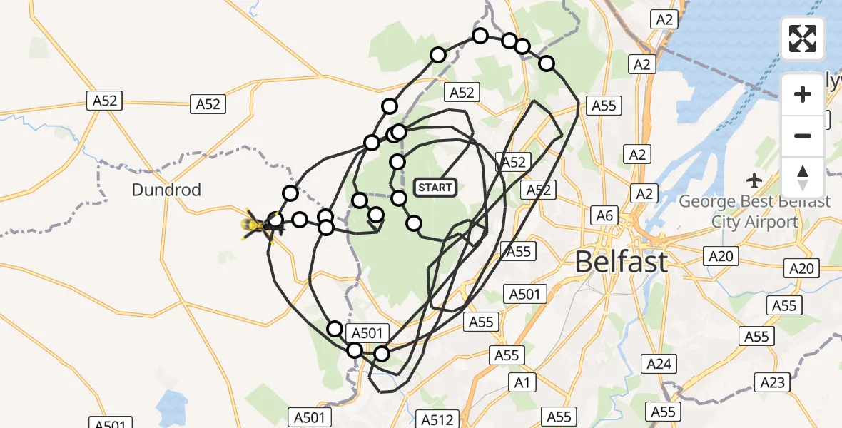 Flight route Police Helicopter Belfast City District - Lisburn, 14 July 2026, 18:39