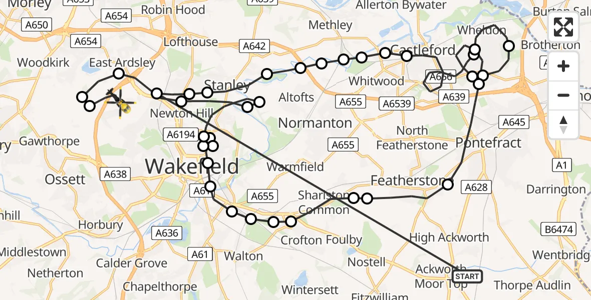 Flight route Police Helicopter Low Ackworth - East Ardsley, 14 July 2026, 18:45