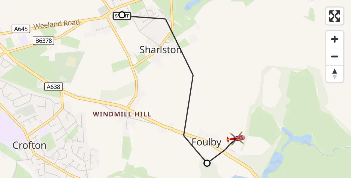 Flight route Air Ambulance Helicopter Sharlston - YAA Nostell Helicopter Port, 14 July 2026, 18:48