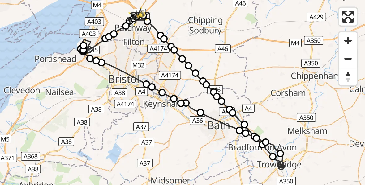 Flight route Police Helicopter Almondsbury Helicopter Base - Almondsbury Helicopter Base, 14 July 2026, 19:06