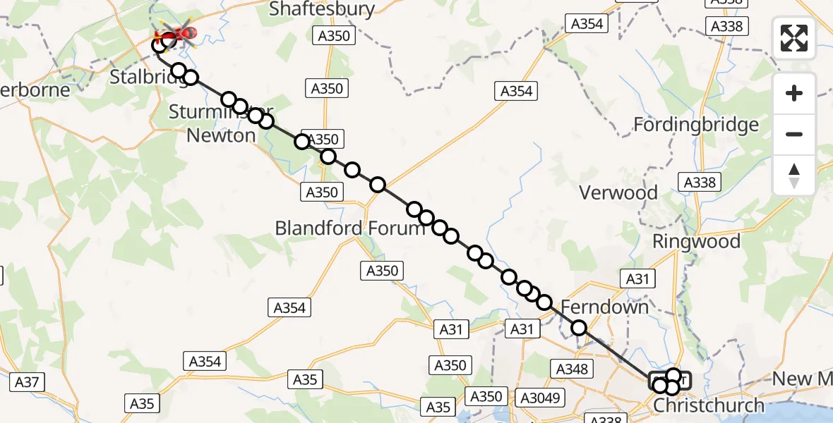 Flight route Air Ambulance Helicopter Bournemouth - Henstridge Airfield, 14 July 2026, 19:21