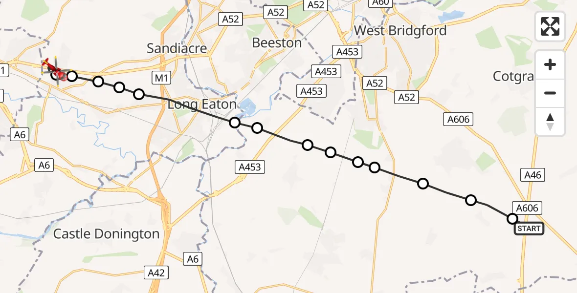 Flight route Air Ambulance Helicopter Rushcliffe - Erewash, 14 July 2026, 19:22