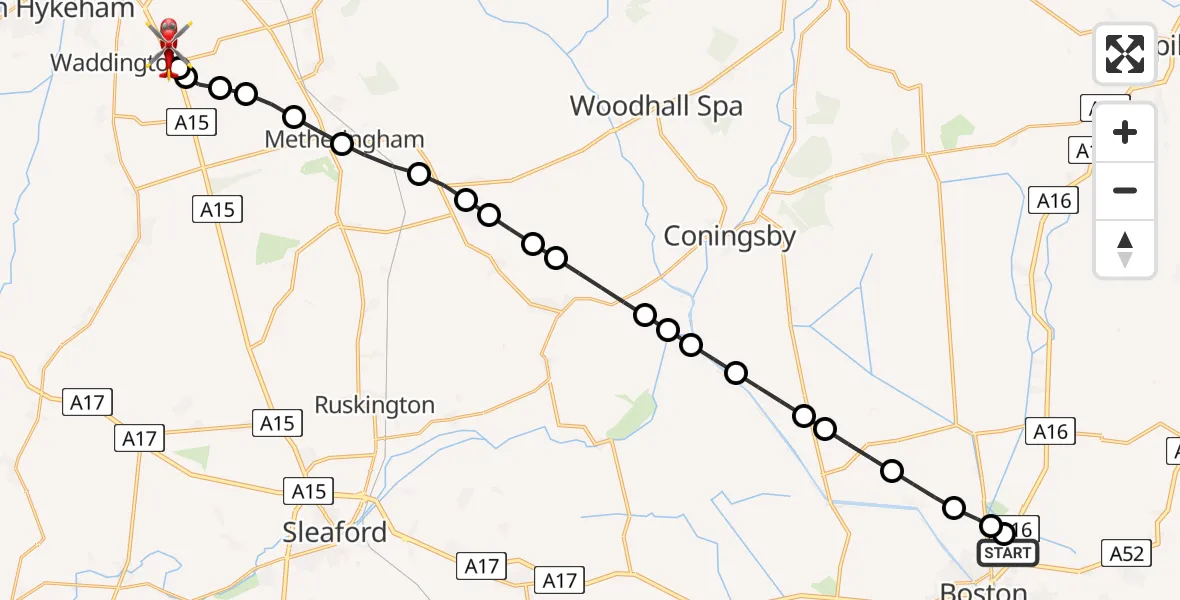 Flight route Air Ambulance Helicopter Boston - North Kesteven, 14 July 2026, 19:25