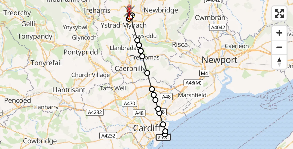 Flight route Air Ambulance Helicopter Cardiff Heliport - Pengam, 14 July 2026, 19:26