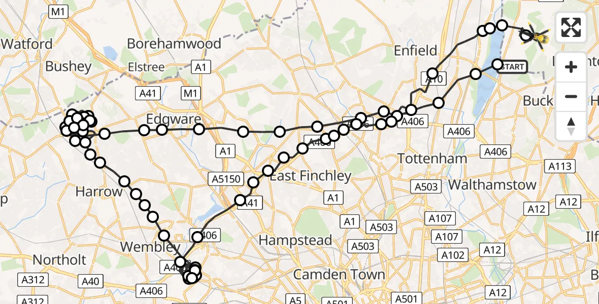 Flight route Police Helicopter Chingford - Sewardstonebury, 14 July 2026, 19:27