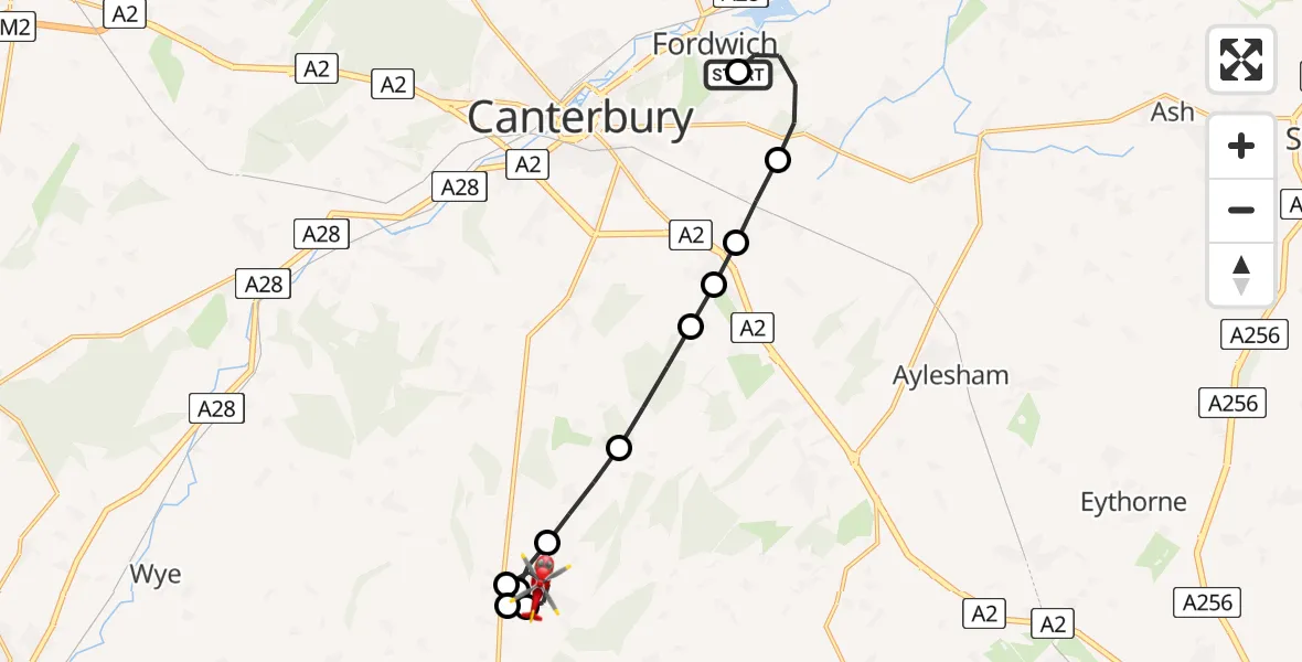 Flight route Air Ambulance Helicopter Fordwich - Stelling Minnis, 14 July 2026, 19:29