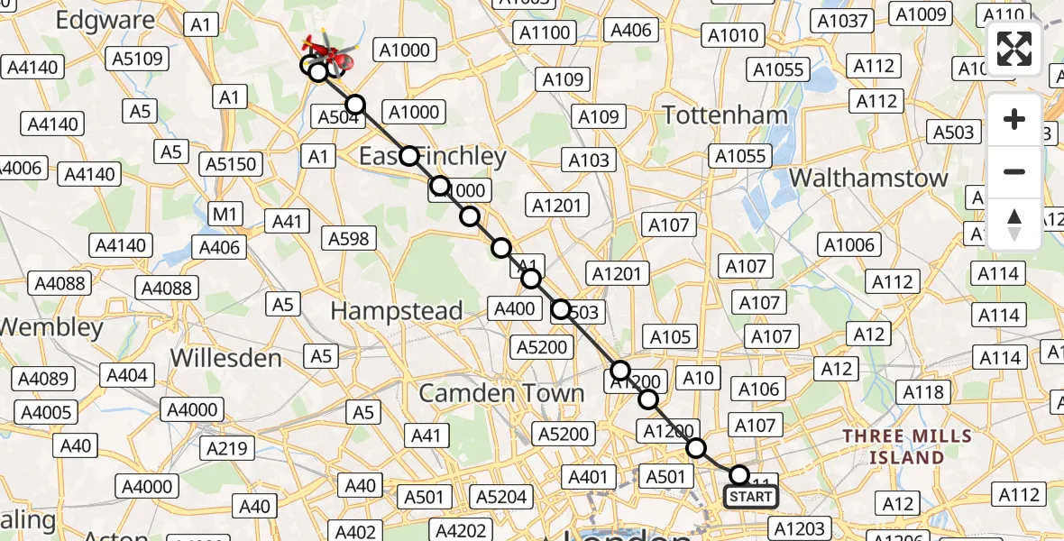 Flight route Air Ambulance Helicopter Royal London Hospital - West Finchley, 14 July 2026, 19:31
