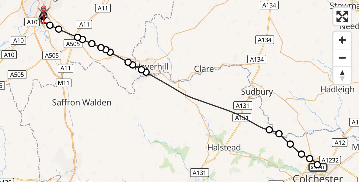 Flight route Air Ambulance Helicopter Colchester Hospital - Papworth Hospital, 14 July 2026, 19:47