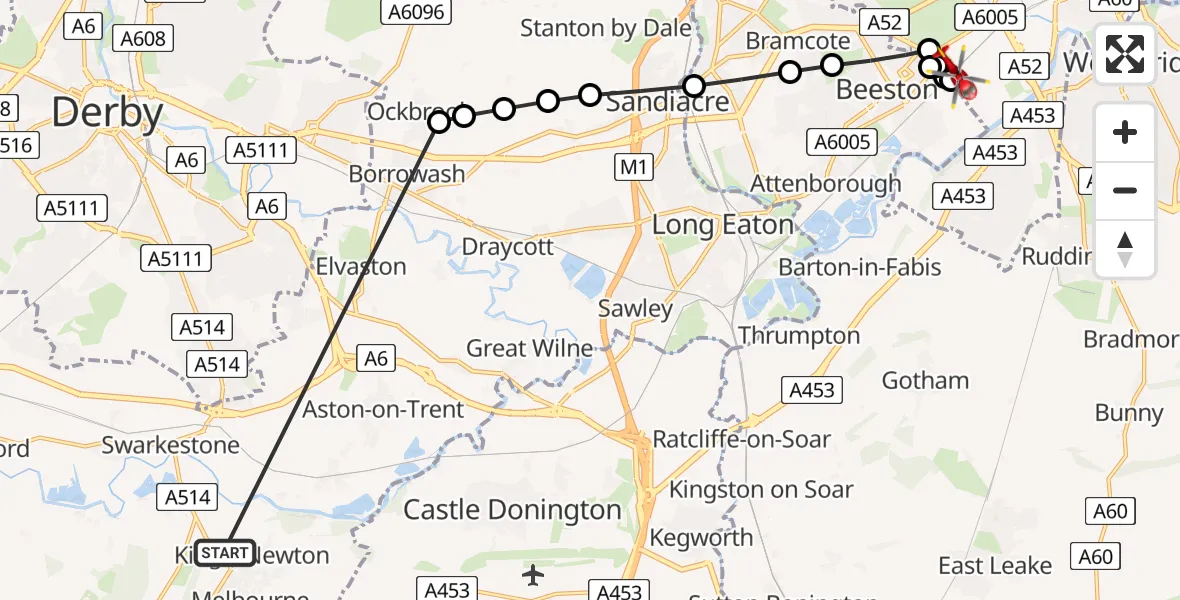 Flight route Air Ambulance Helicopter Melbourne CP - City of Nottingham, 14 July 2026, 19:48