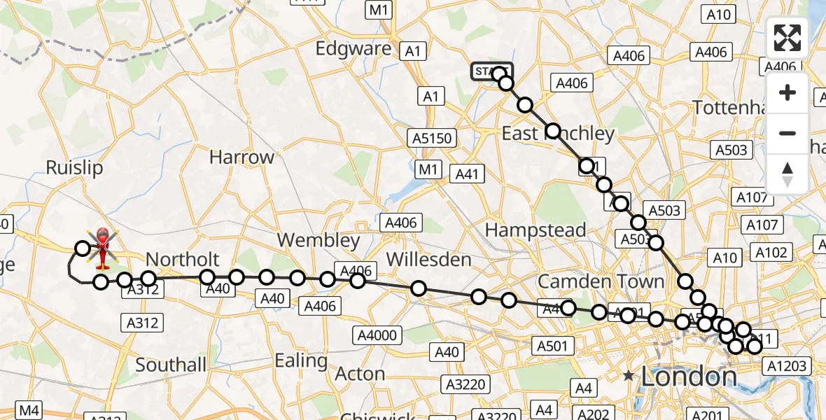 Flight route Air Ambulance Helicopter West Finchley - RAF Northolt, 14 July 2026, 20:10