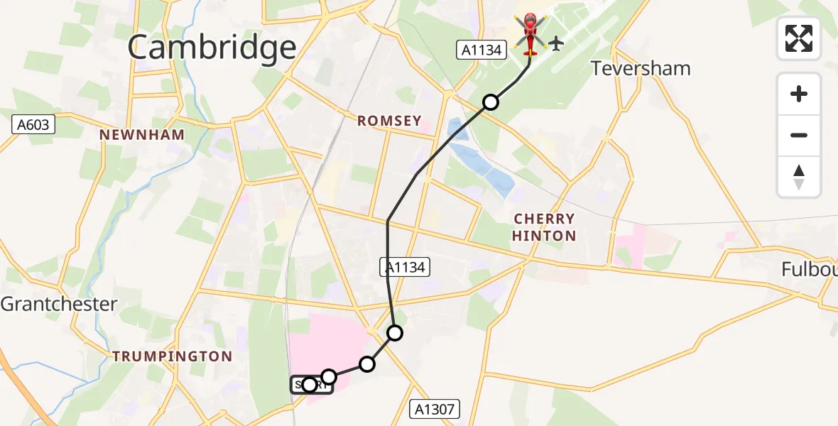 Flight route Air Ambulance Helicopter Papworth Hospital - Cambridge City Airport, 14 July 2026, 20:23