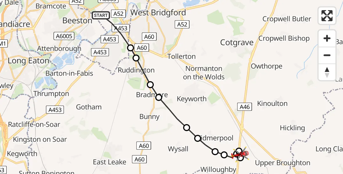 Flight route Air Ambulance Helicopter City of Nottingham - Widmerpool, 14 July 2026, 20:28