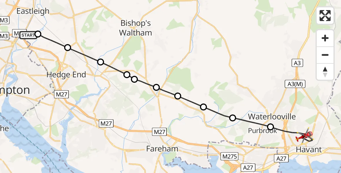 Flight route Air Ambulance Helicopter Southampton Airport - Havant, 14 July 2026, 20:36