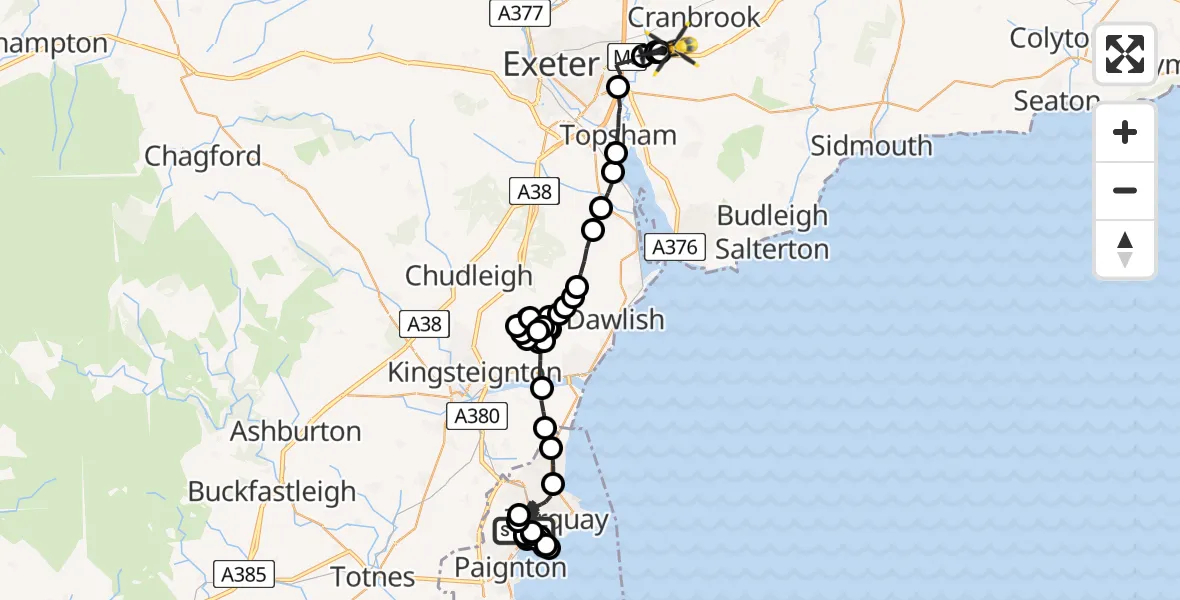 Flight route Police Helicopter Paignton - Exeter International Airport, 14 July 2026, 20:41