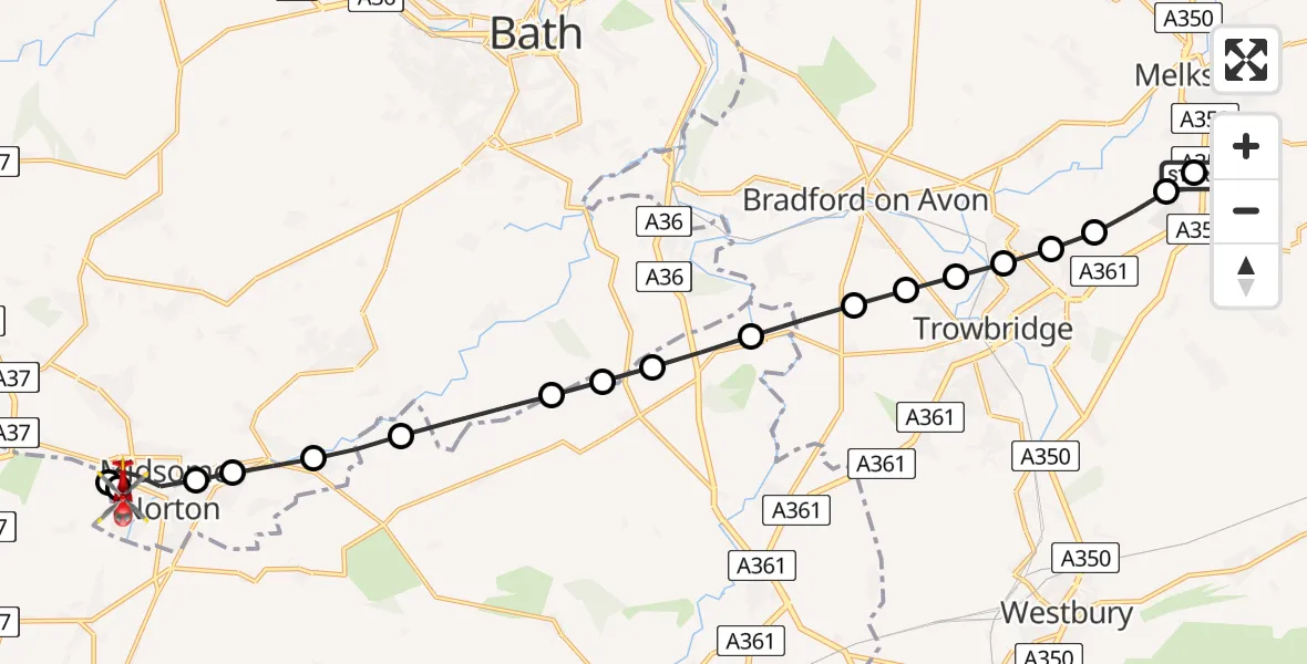 Flight route Air Ambulance Helicopter Wiltshire Air Ambulance - Midsomer Norton, 14 July 2026, 20:42
