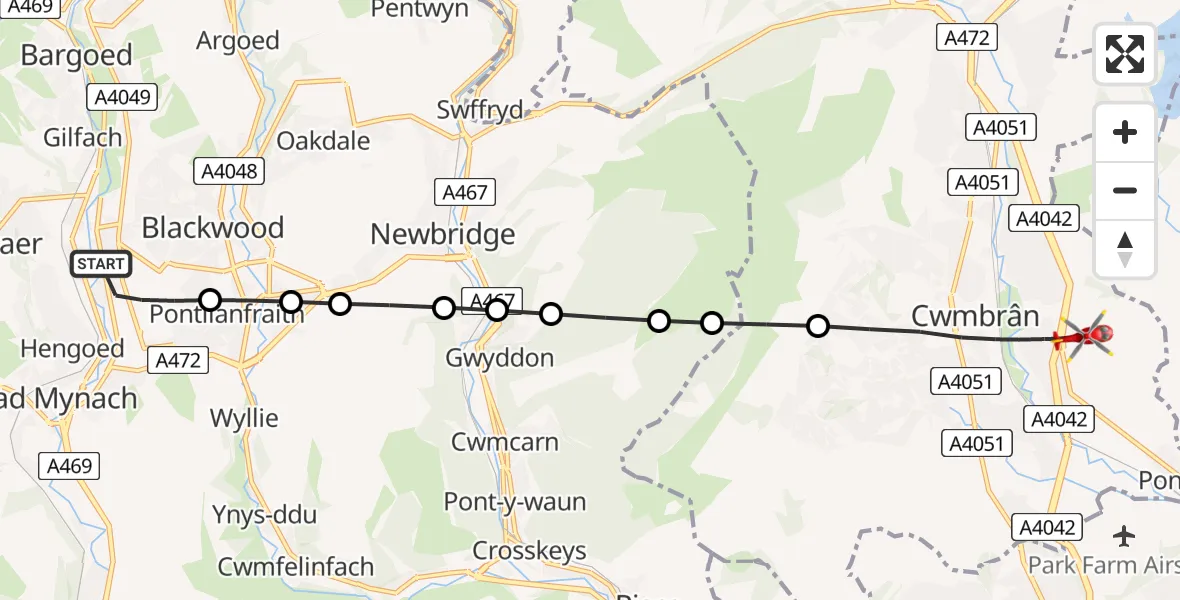 Flight route Air Ambulance Helicopter Pengam - Cwmbrân, 14 July 2026, 20:50
