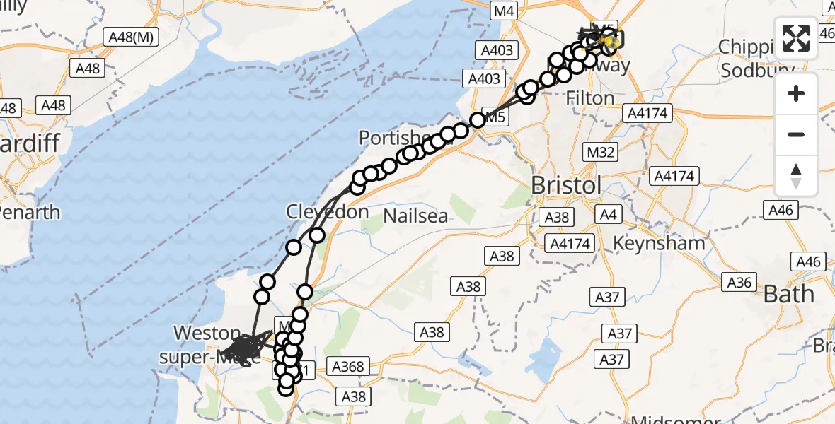 Flight route Police Helicopter Almondsbury Helicopter Base - Almondsbury Helicopter Base, 14 July 2026, 20:51