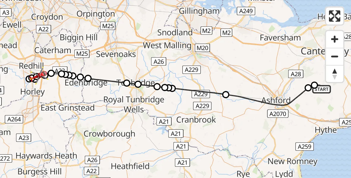 Flight route Air Ambulance Helicopter Stelling Minnis - Redhill Aerodrome, 14 July 2026, 20:58