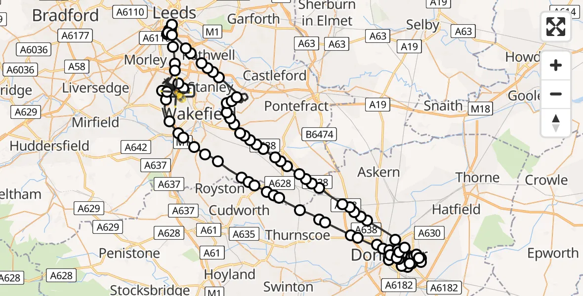 Flight route Police Helicopter Brandy Carr - East Ardsley, 14 July 2026, 21:00