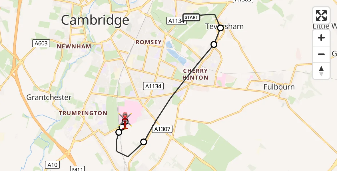 Flight route Air Ambulance Helicopter Cambridge City Airport - Papworth Hospital, 14 July 2026, 21:02