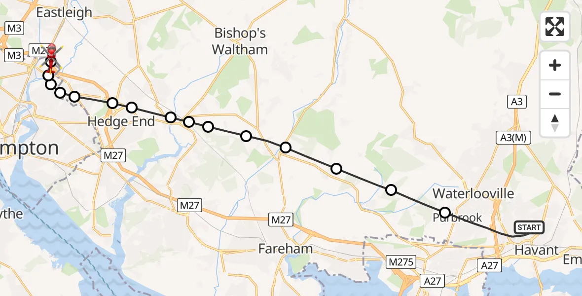 Flight route Air Ambulance Helicopter Havant - Southampton Airport, 14 July 2026, 21:08