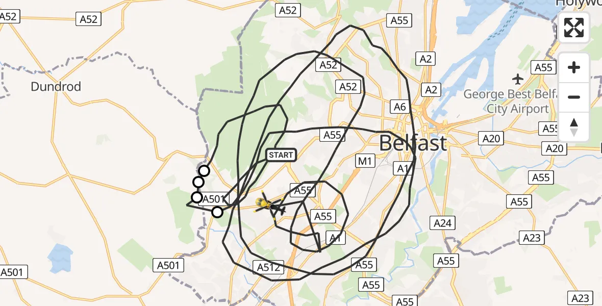 Flight route Police Helicopter Belfast City District - Belfast City District, 14 July 2026, 21:09