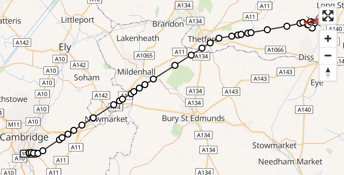 Flight route Air Ambulance Helicopter Papworth Hospital - Priory Farm Airstrip, 14 July 2026, 21:16