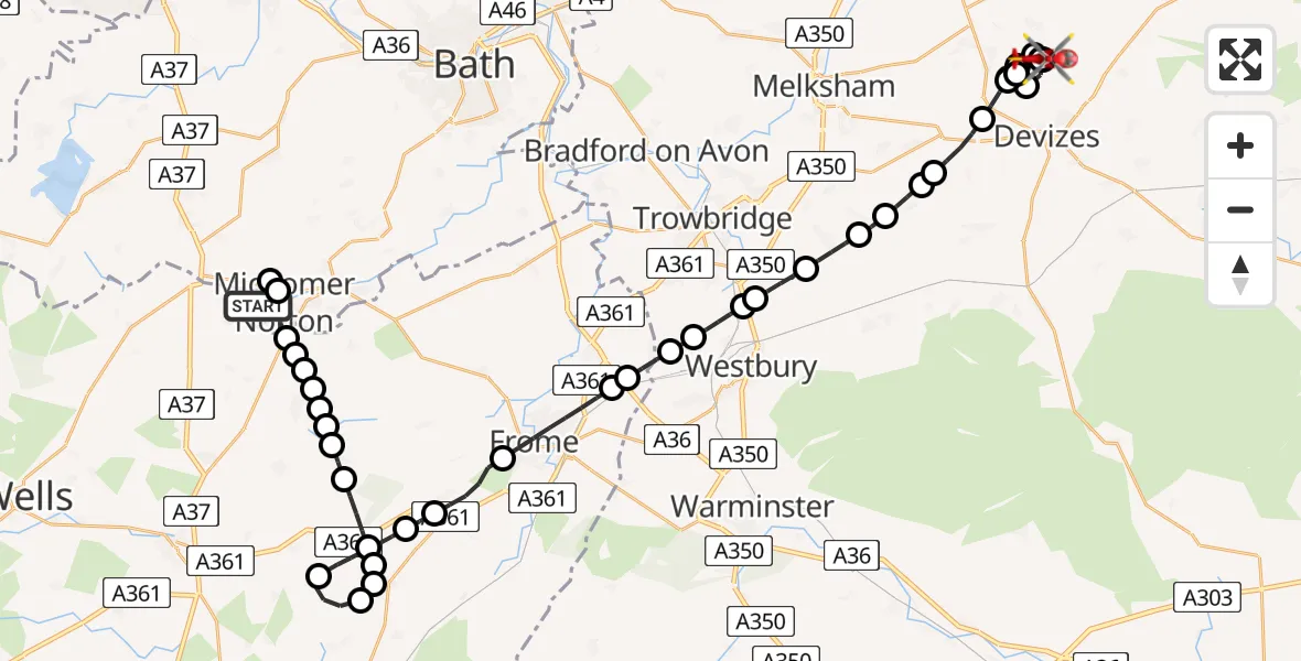 Flight route Air Ambulance Helicopter Midsomer Norton - Devizes, 14 July 2026, 21:33