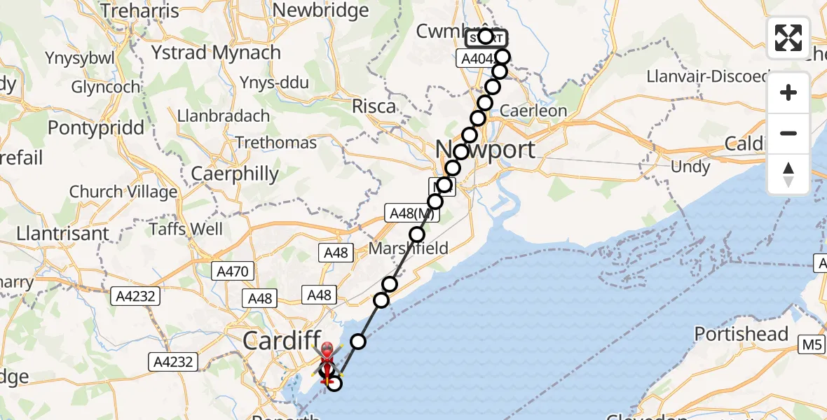 Flight route Air Ambulance Helicopter Grange University Hospital Heliport - Cardiff Heliport, 14 July 2026, 21:43