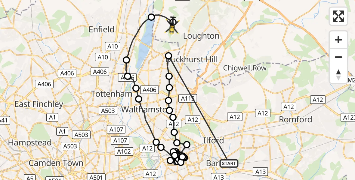 Flight route Police Helicopter Thames View - Sewardstonebury, 14 July 2026, 21:44