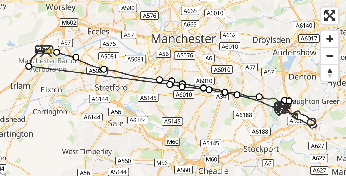 Flight route Police Helicopter Manchester Barton Aerodrome - Manchester Barton Aerodrome, 14 July 2026, 21:50