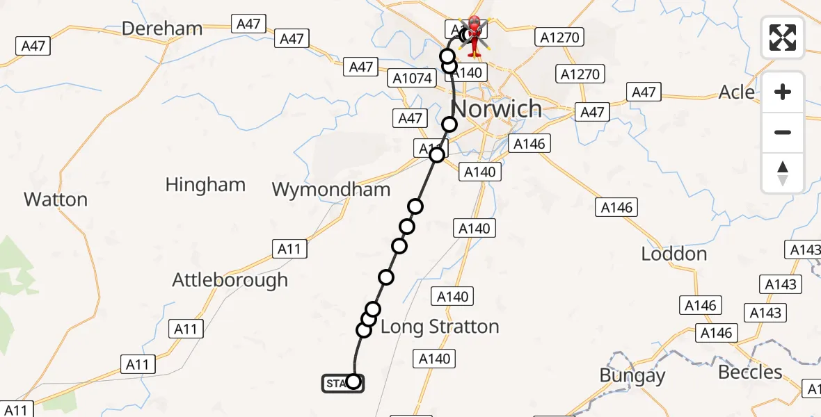 Flight route Air Ambulance Helicopter Priory Farm Airstrip - Norwich Airport, 14 July 2026, 21:52