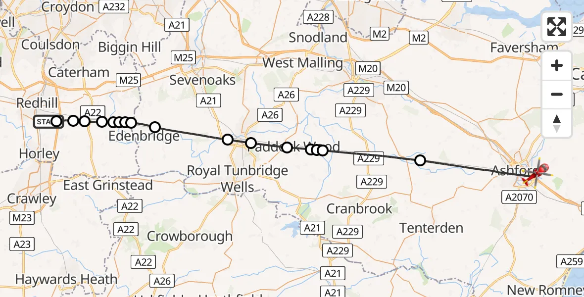 Flight route Air Ambulance Helicopter Redhill Aerodrome - Ashford, 14 July 2026, 21:58