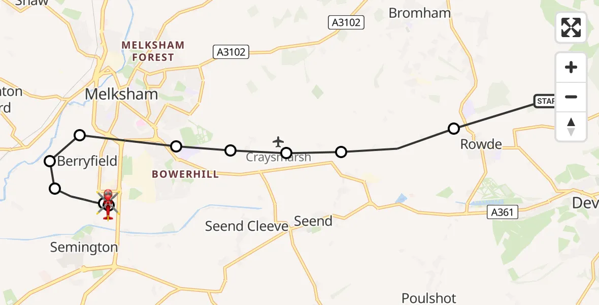 Flight route Air Ambulance Helicopter Devizes - Wiltshire Air Ambulance, 14 July 2026, 21:59