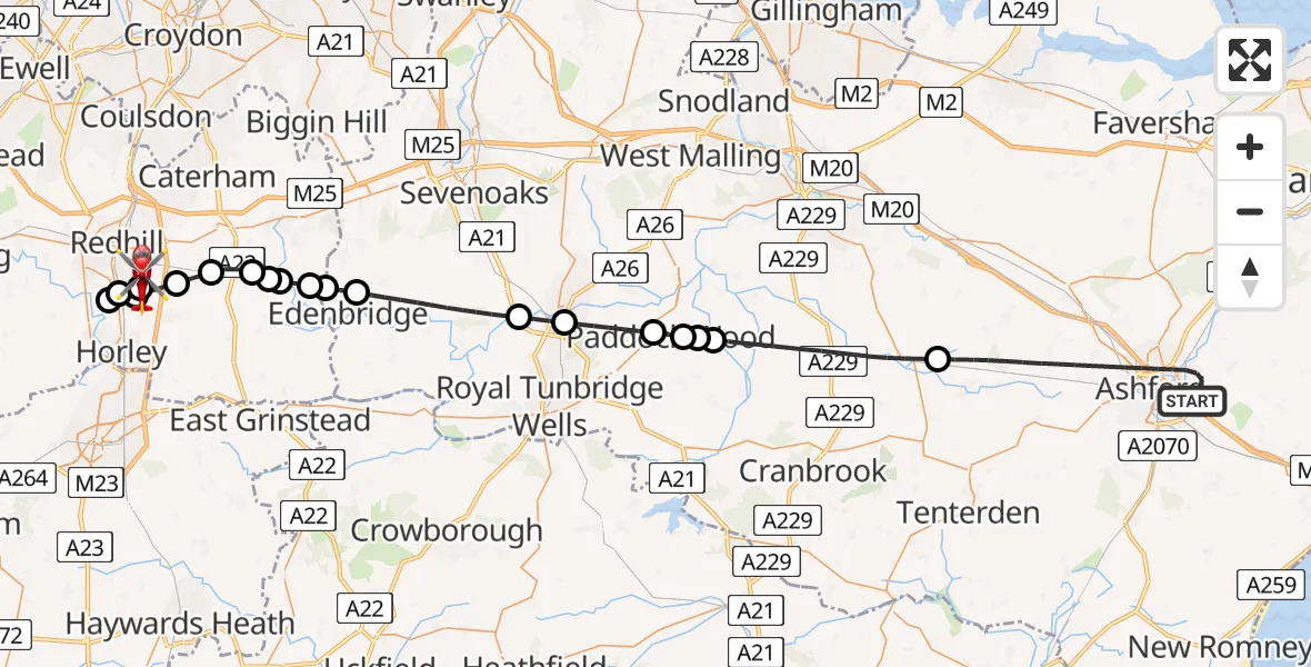 Flight route Air Ambulance Helicopter Ashford - Redhill Aerodrome, 14 July 2026, 22:46