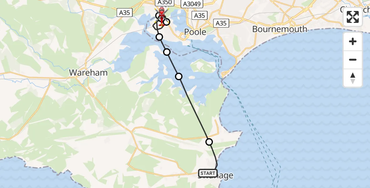 Flight route Air Ambulance Helicopter Swanage - Upton, 14 July 2026, 23:26