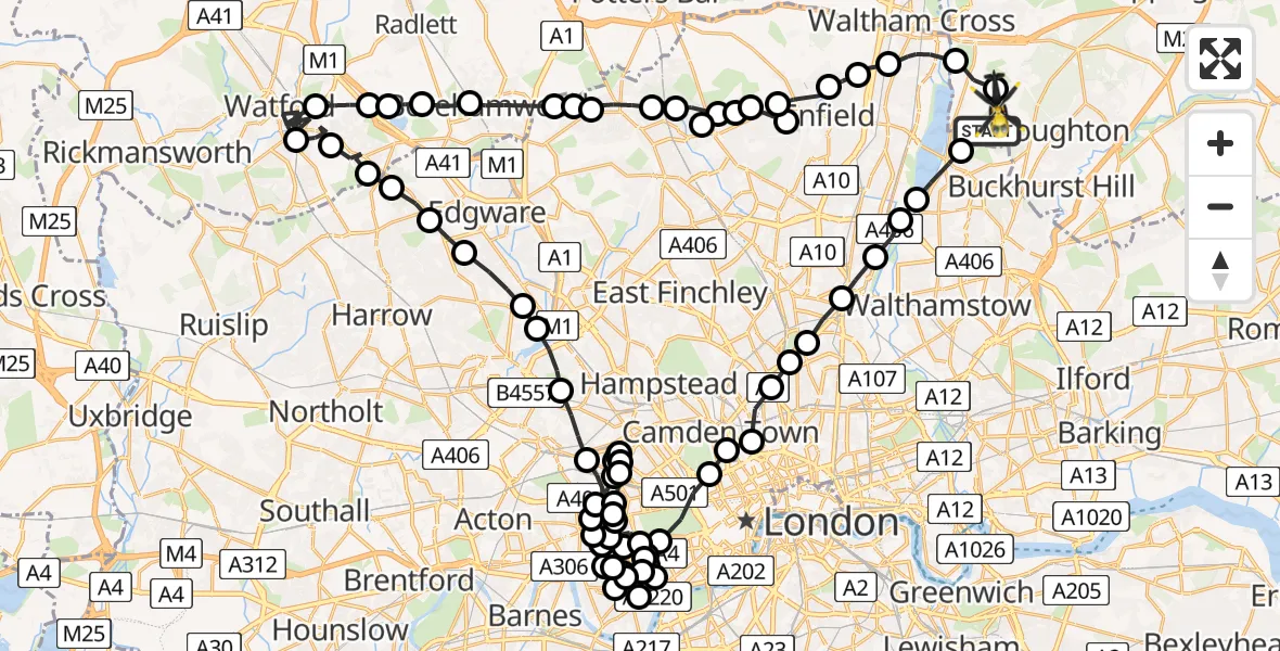 Flight route Police Helicopter Sewardstonebury - Sewardstonebury, 14 July 2026, 23:55