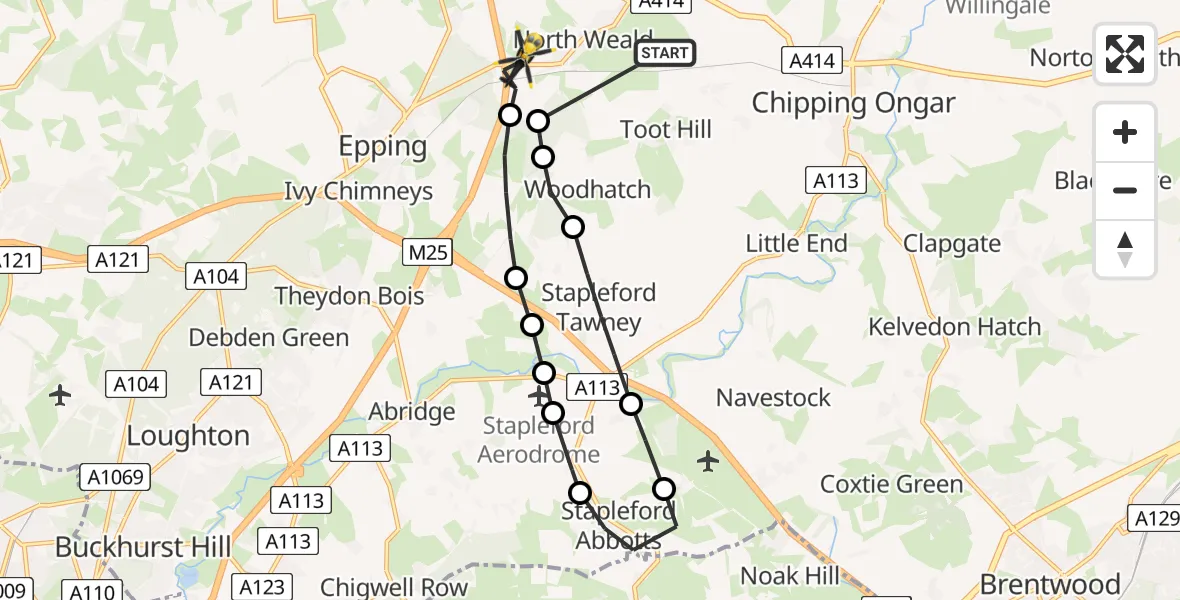 Flight route Police Helicopter Epping Forest - North Weald Airfield, 15 July 2026, 00:53