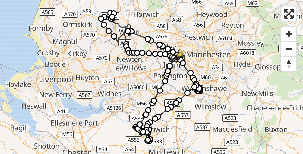 Flight route Police Helicopter Manchester Barton Aerodrome - Irlam, 15 July 2026, 01:02