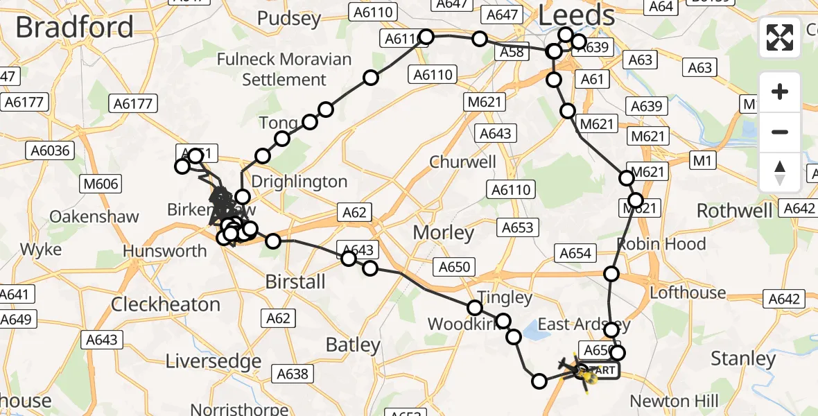 Flight route Police Helicopter Brandy Carr - East Ardsley, 15 July 2026, 01:11