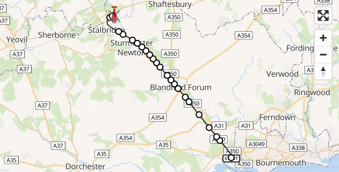 Flight route Air Ambulance Helicopter Poole - Henstridge Airfield, 15 July 2026, 01:12