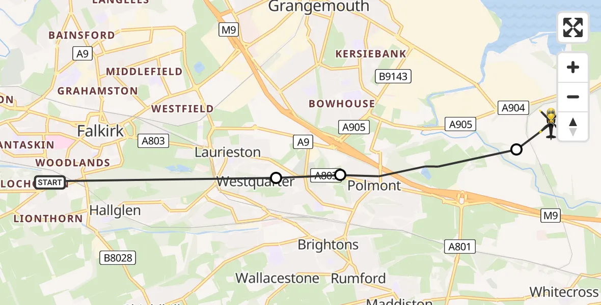 Flight route Police Helicopter Falkirk - Bo'ness, 15 July 2026, 01:15