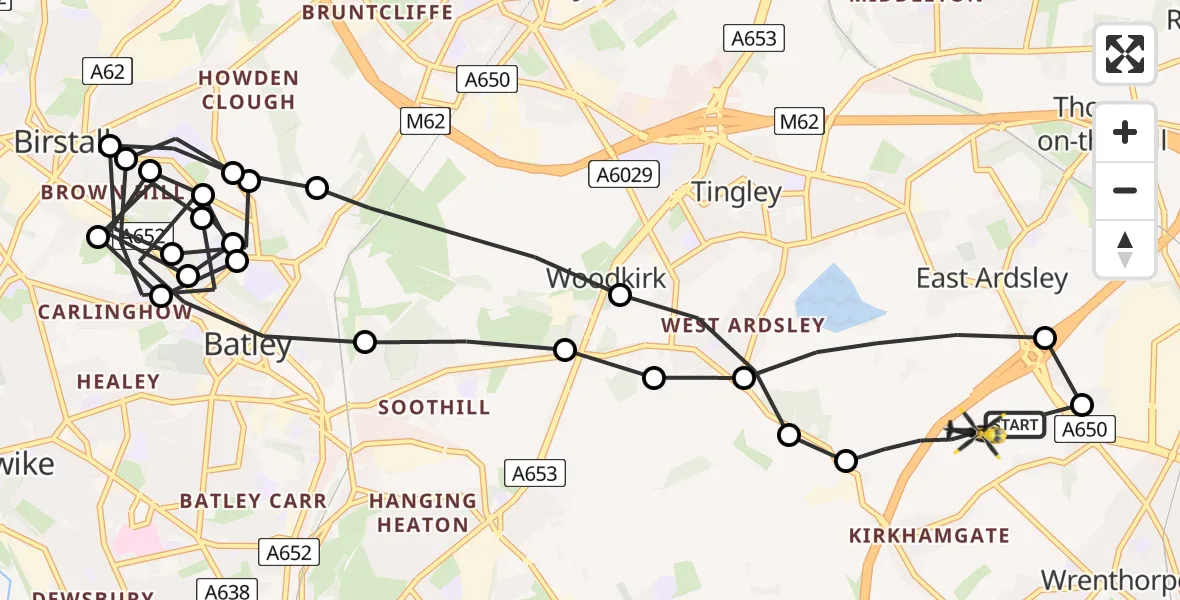 Flight route Police Helicopter East Ardsley - East Ardsley, 15 July 2026, 02:20