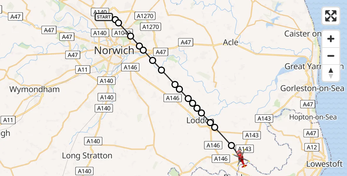 Flight route Air Ambulance Helicopter Norwich Airport - Toft Monks, 15 July 2026, 06:25