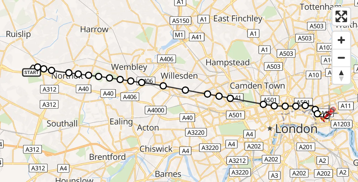 Flight route Air Ambulance Helicopter RAF Northolt - Royal London Hospital, 15 July 2026, 06:46