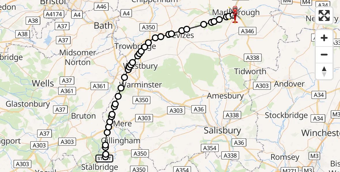 Flight route Air Ambulance Helicopter Henstridge Airfield - Marlborough, 15 July 2026, 06:46