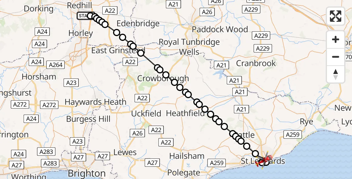 Flight route Air Ambulance Helicopter Redhill Aerodrome - St Leonards, 15 July 2026, 06:57